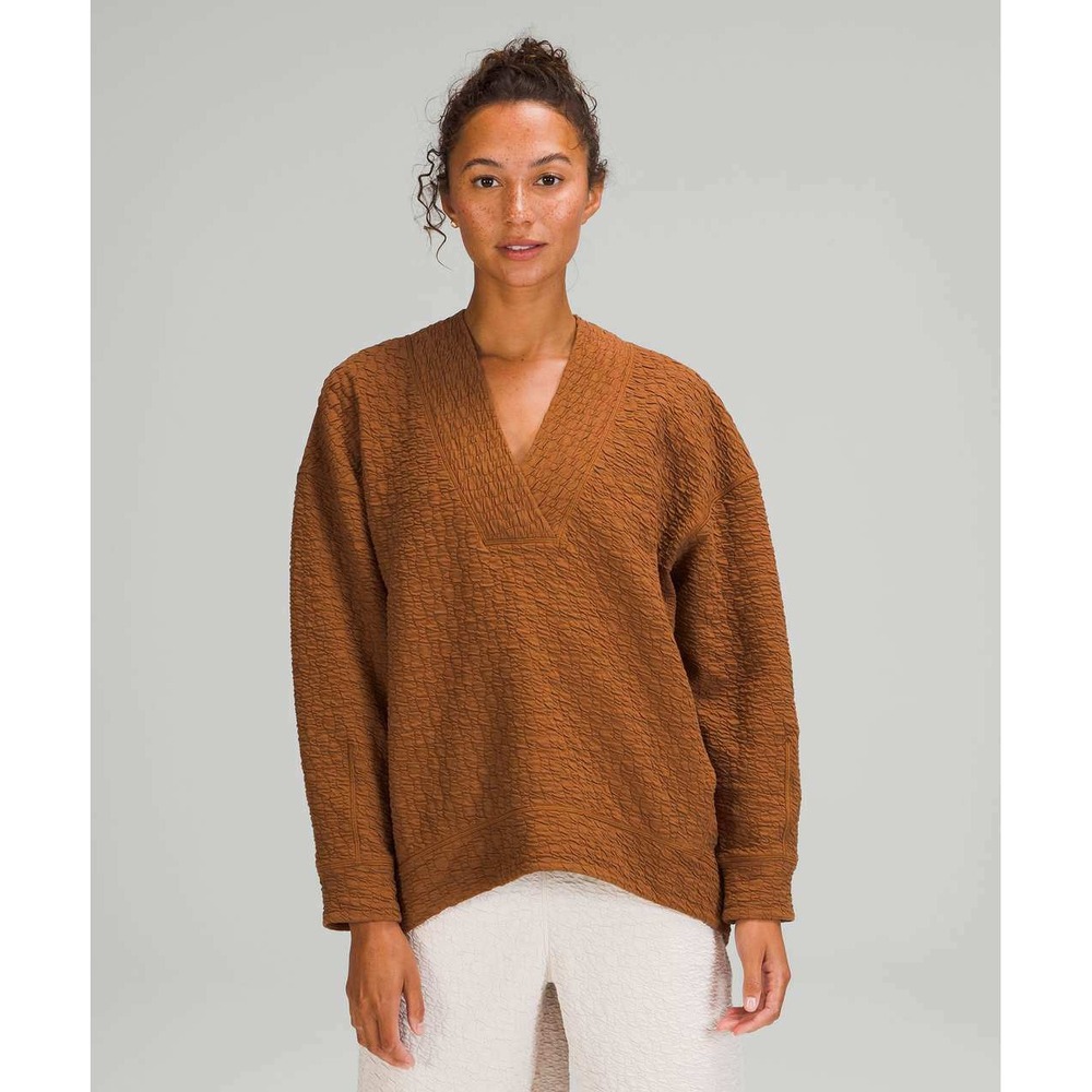 Lululemon Rippled V-Neck Pullover Copper Brown Textured Sweatshirt Size 4